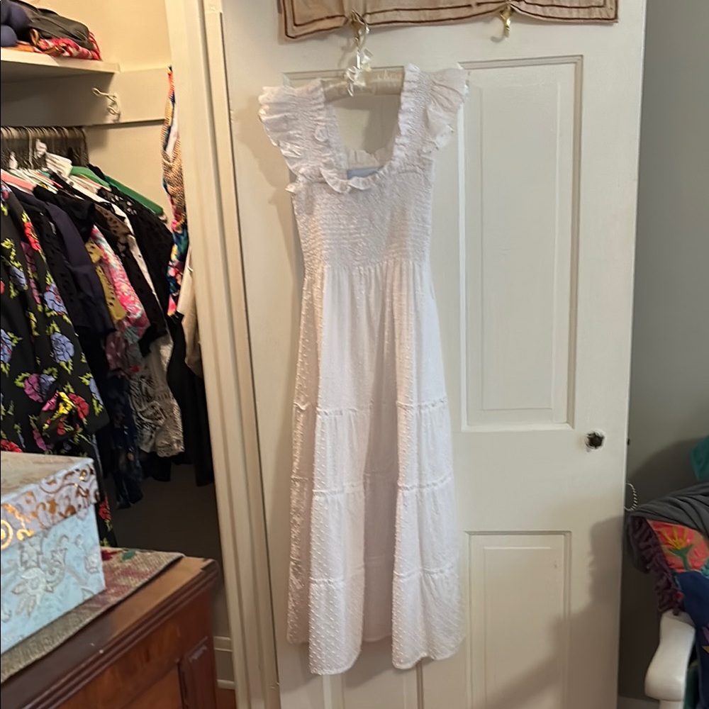 White Swiss Dots Ruffled Maxi Dress by Hill House